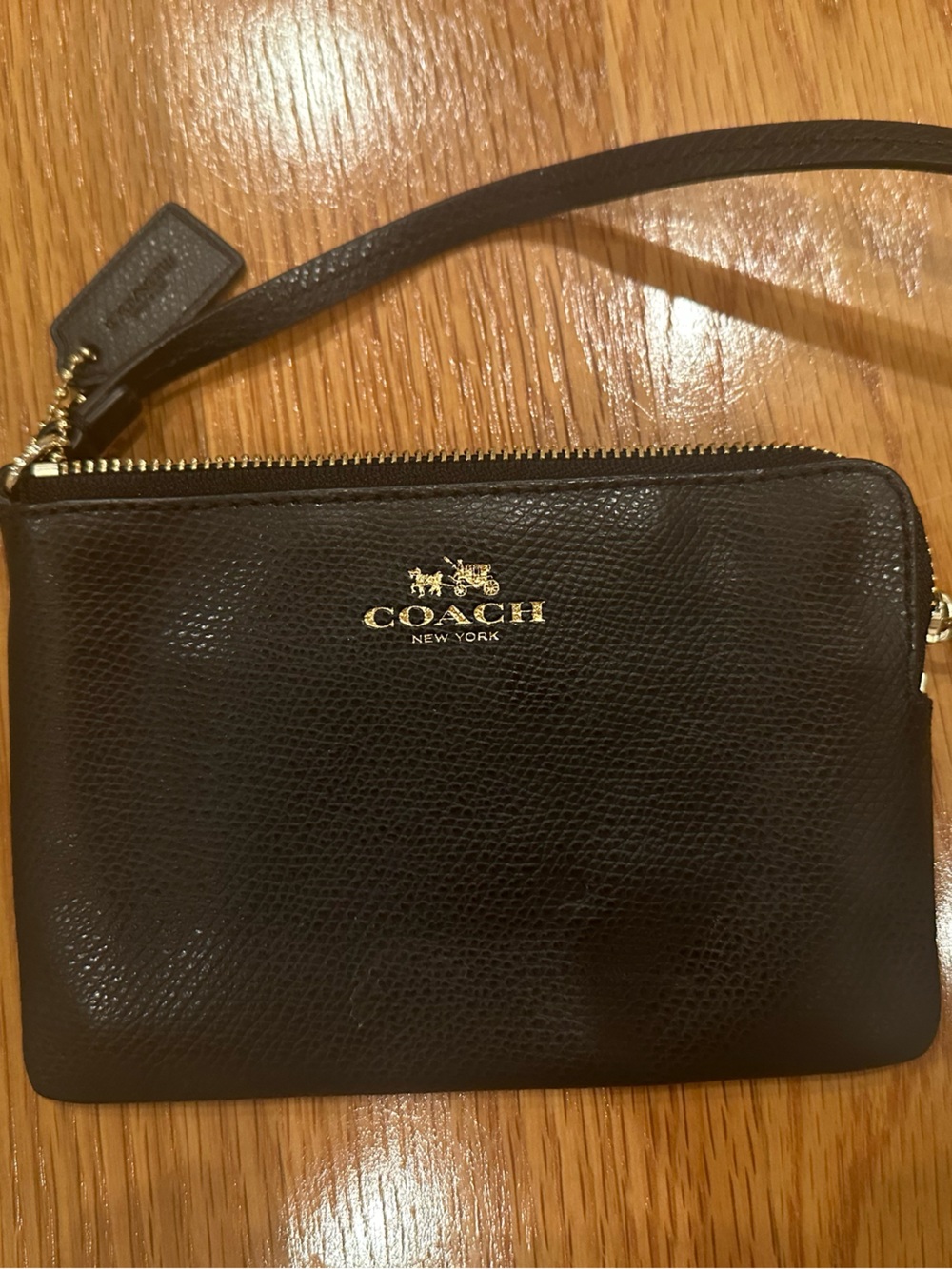 Coach Black Leather Zip Wristlet with Gold Logo